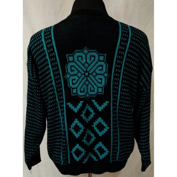 Vtg. G.F.C. Womens M/L Black Aqua Geometric Long Sleeve Made in NY USA Sweater - Picture 8 of 12